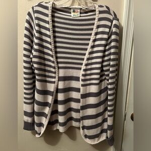 Roxy Grey and Cream Striped Cardigan, open front. Horizontal graduating stripes.